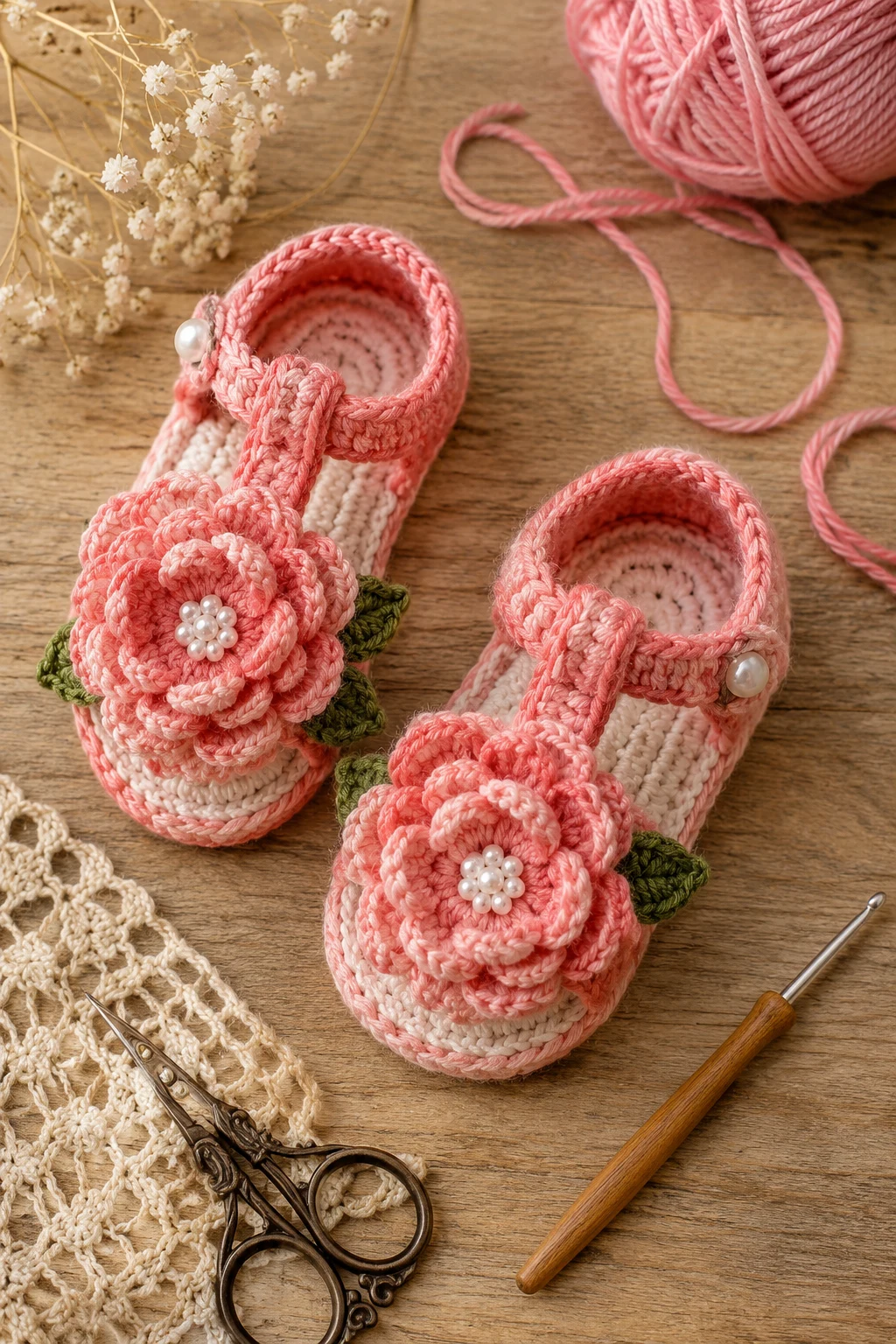 Peony Pink Sandals — crochet baby shoes girl style outfit