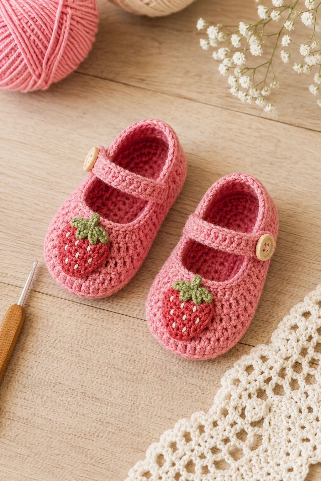 Strawberry Pink Mary Janes — crochet baby shoes girl style outfit