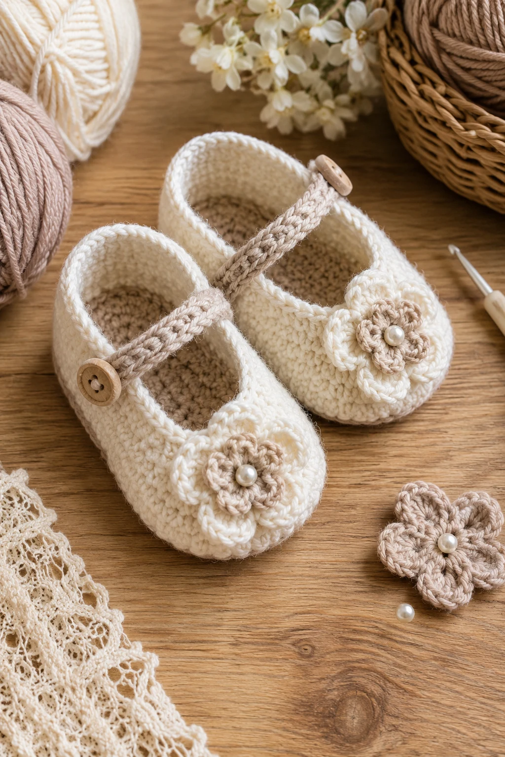Cream Flower Booties — crochet baby shoes girl style outfit