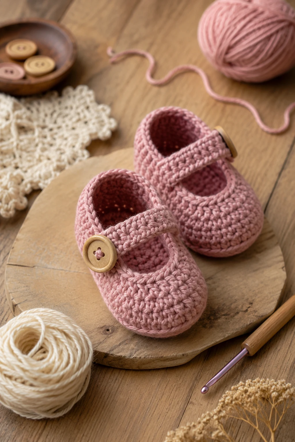 Dusty Rose Button Booties — crochet baby shoes girl style outfit