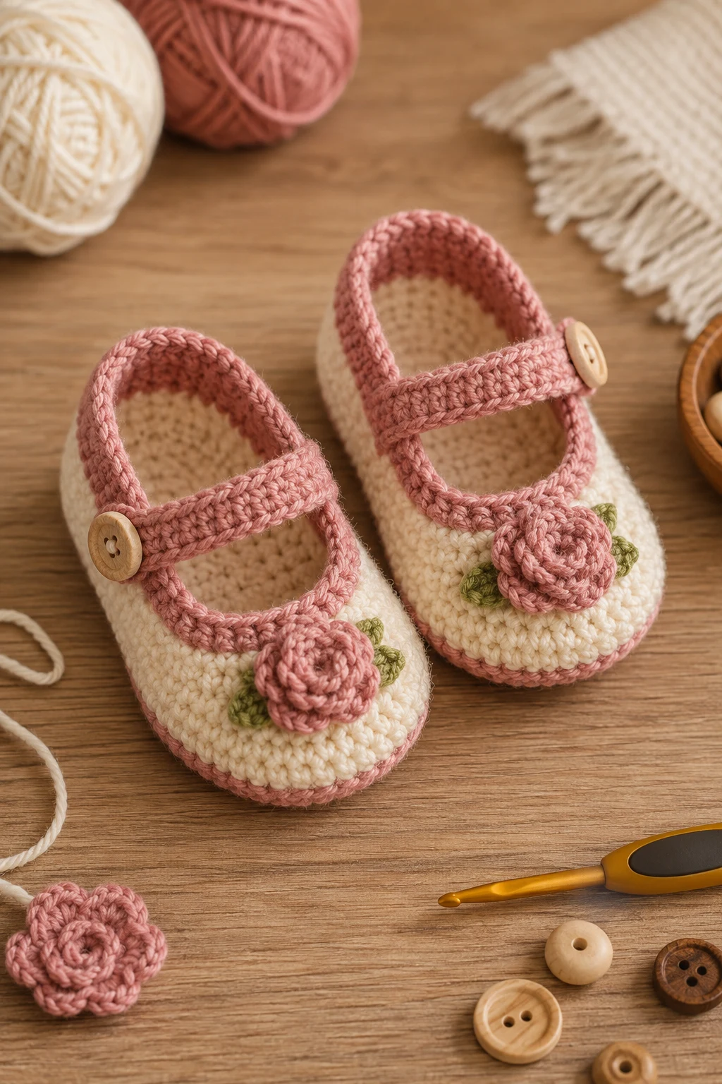 Rose-and-Cream Mary Janes — crochet baby shoes girl style outfit
