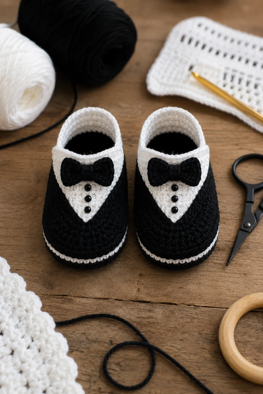 Black-and-White Tuxedo Shoes — crochet baby shoes ideas style outfit