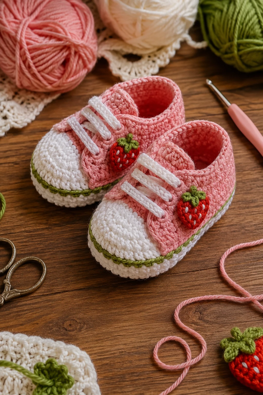 Sweet Strawberry Sneakers — crochet baby sneakers style outfit