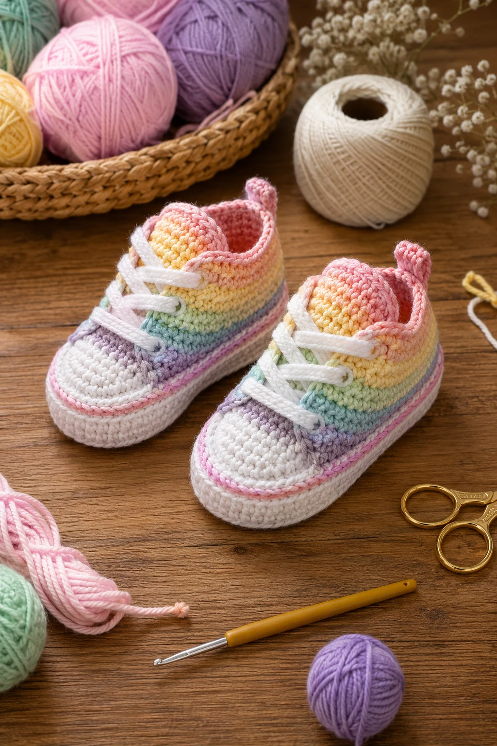 Crochet Baby Sneakers in Pastel Rainbow — crochet baby sneakers style outfit