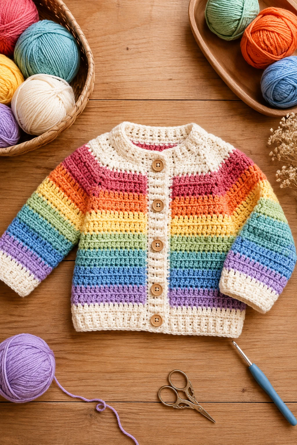 Rainbow Stripe Crochet Baby Sweater — crochet baby sweater style outfit