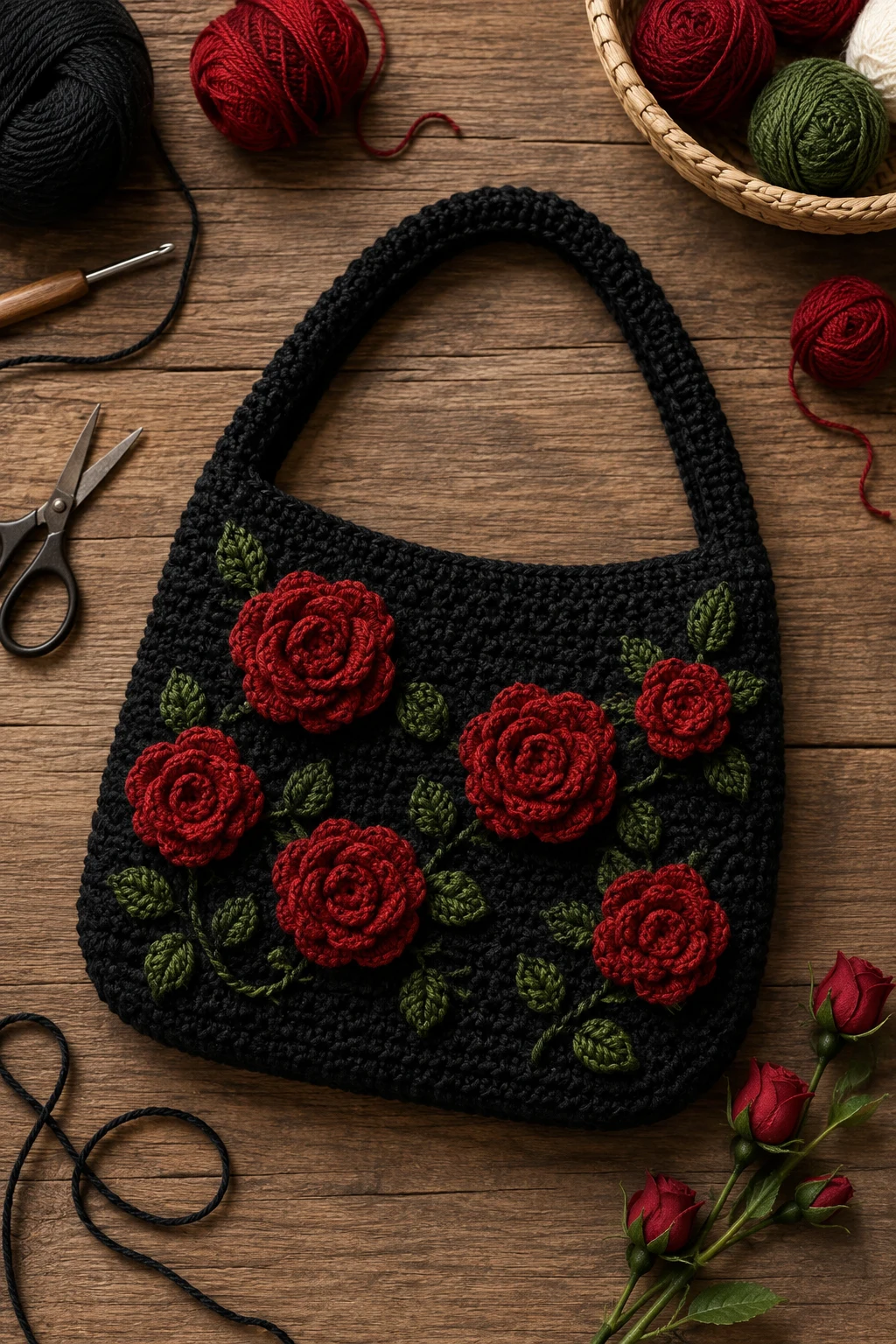 Black Crochet Bag With Red Roses — crochet bag aesthetic style outfit