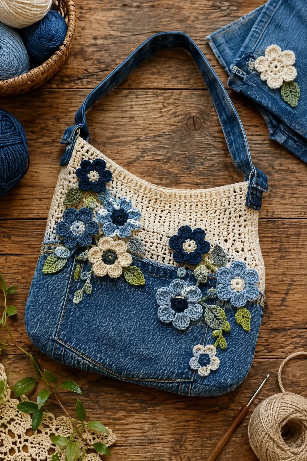 Denim-and-Crochet Flower Bag — crochet bag aesthetic style outfit