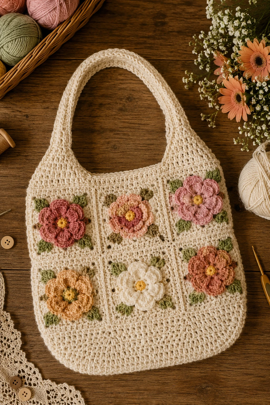 Cottagecore Floral Crochet Handbag — crochet bag aesthetic style outfit
