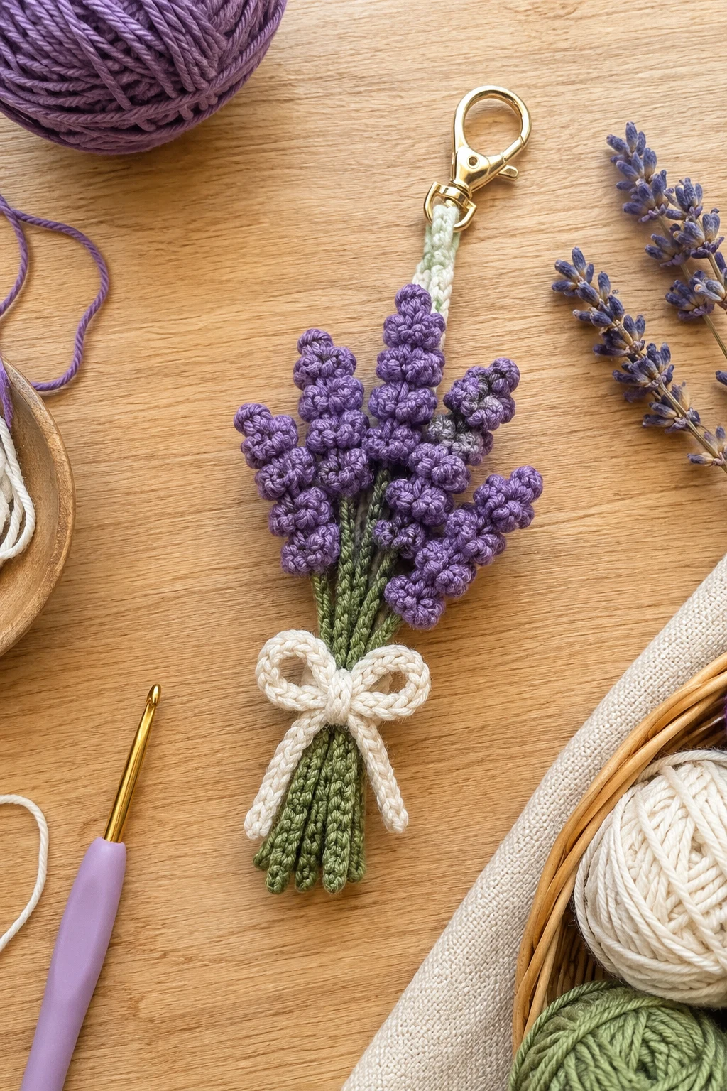 Lavender Flower Cluster — crochet bag charm free pattern style outfit