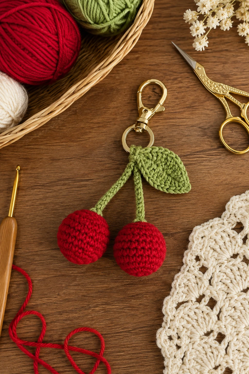 Sweet Crochet Cherry Pair — crochet bag charm free pattern style outfit