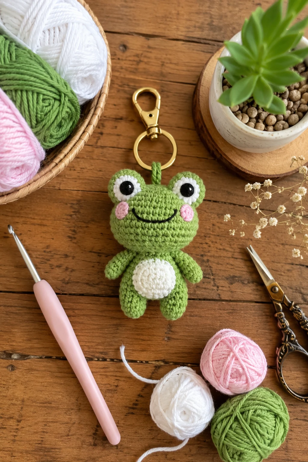 Playful Green Frog — crochet bag charm free pattern style outfit
