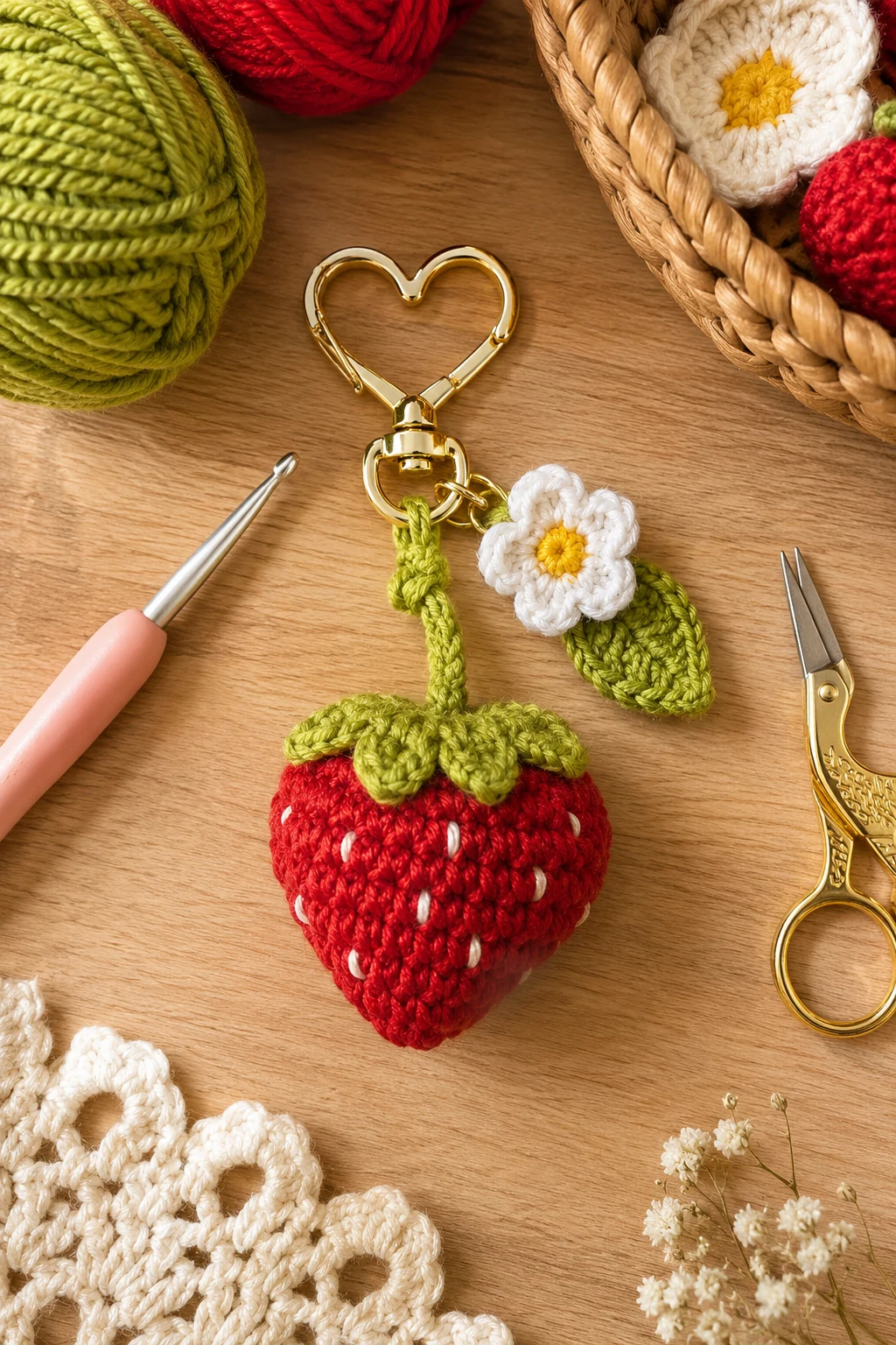 Strawberry Sweetheart — crochet bag charm free pattern style outfit
