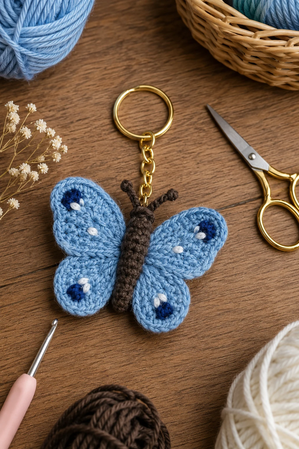 Little Blue Butterfly — crochet bag charm free pattern style outfit