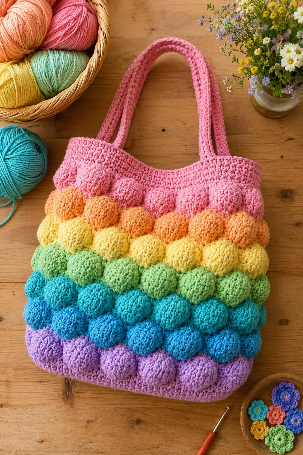 Rainbow Bubble Tote — Playful Crochet Bag Design — crochet bag design style outfit