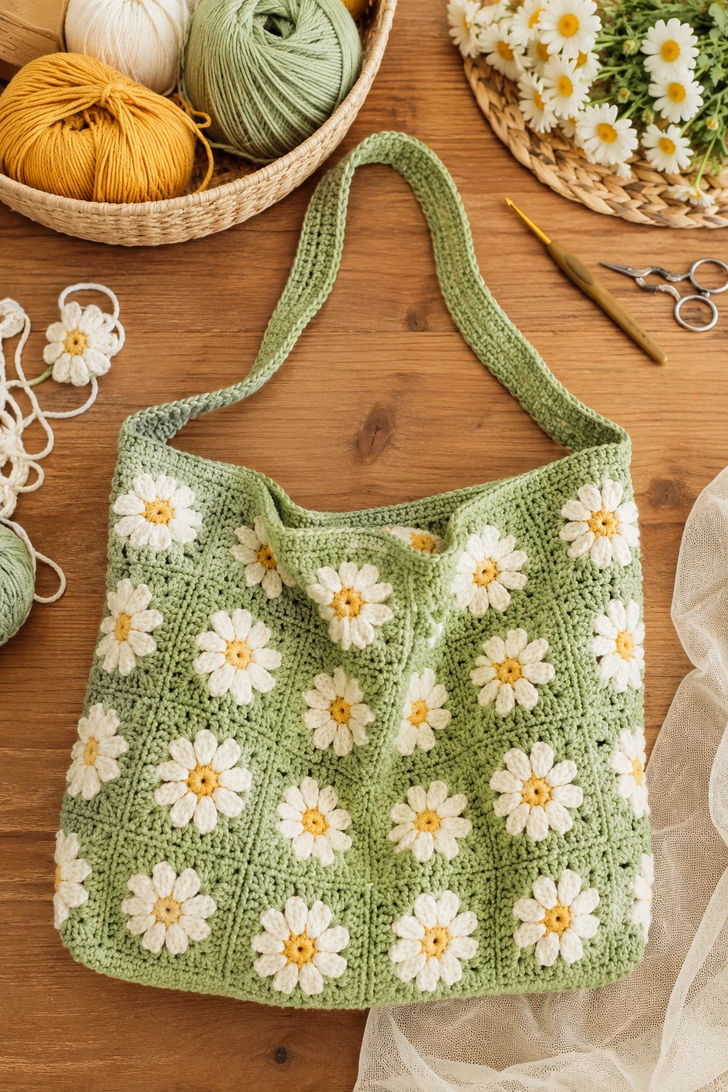 Daisy Meadow Shoulder Bag — Crochet Bag Design for Ladies — crochet bag design style outfit