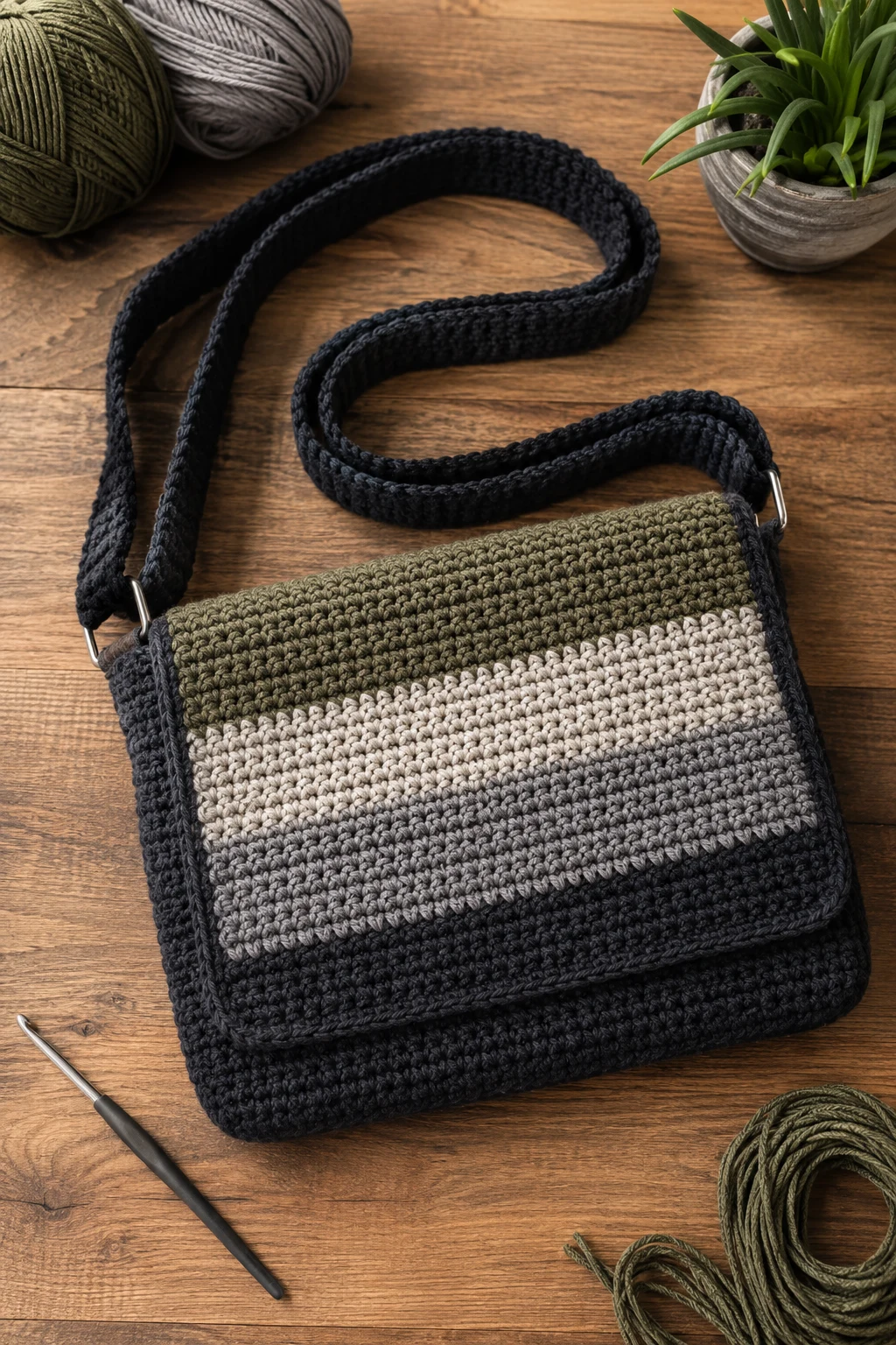Striped Messenger Bag — Crochet Bag Design for Men — crochet bag design style outfit