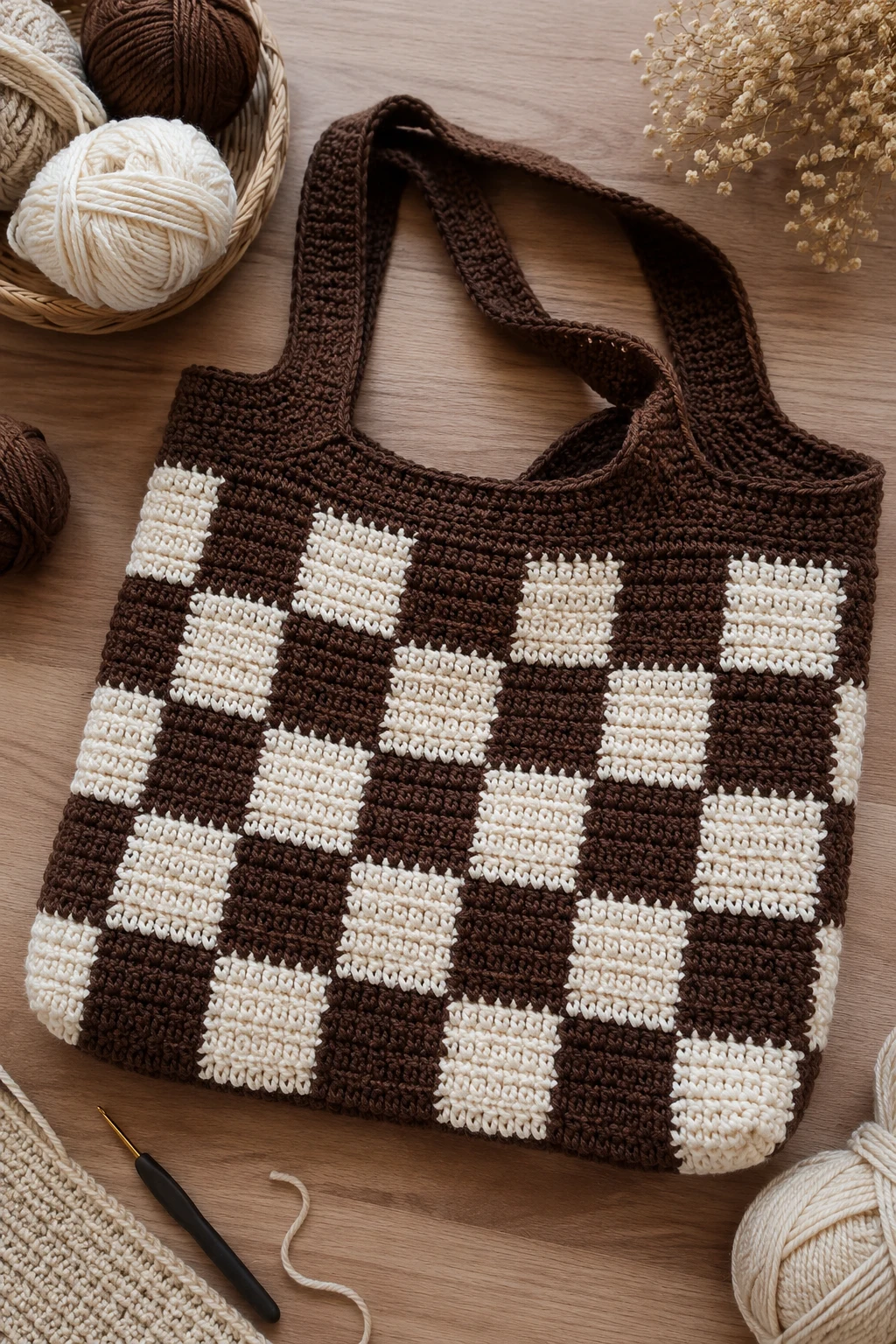 Checkerboard Carryall — Bold Crochet Bag Design Ideas — crochet bag design style outfit