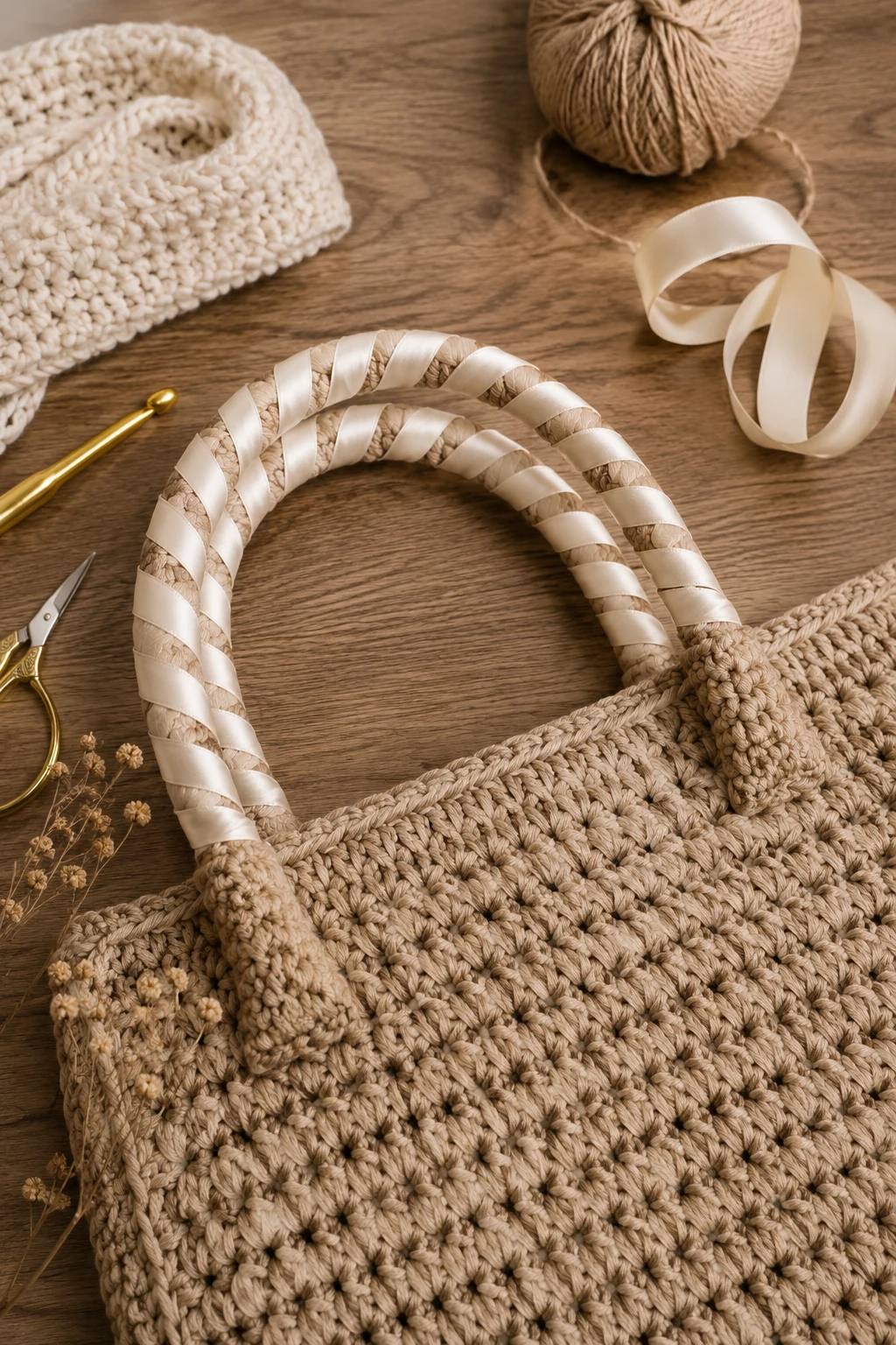 Ribbon-Wrapped Crochet Handles — crochet bag handles style outfit