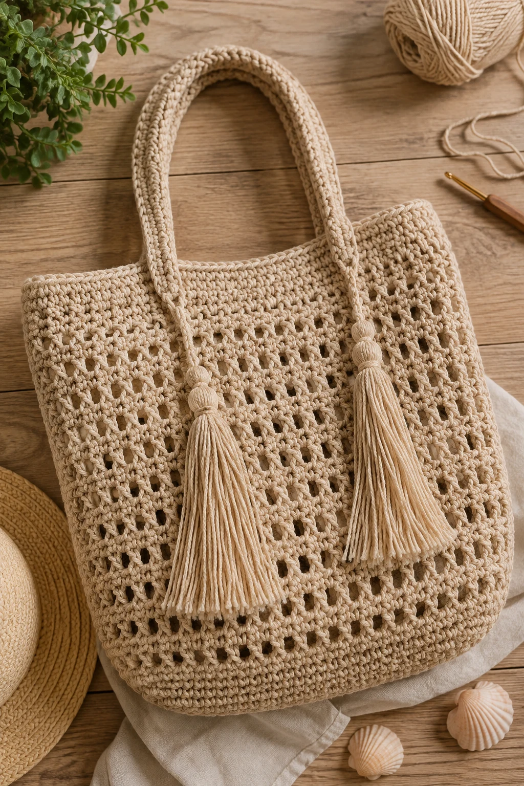 Crochet Beach Bag With Tassels — crochet beach bag style outfit