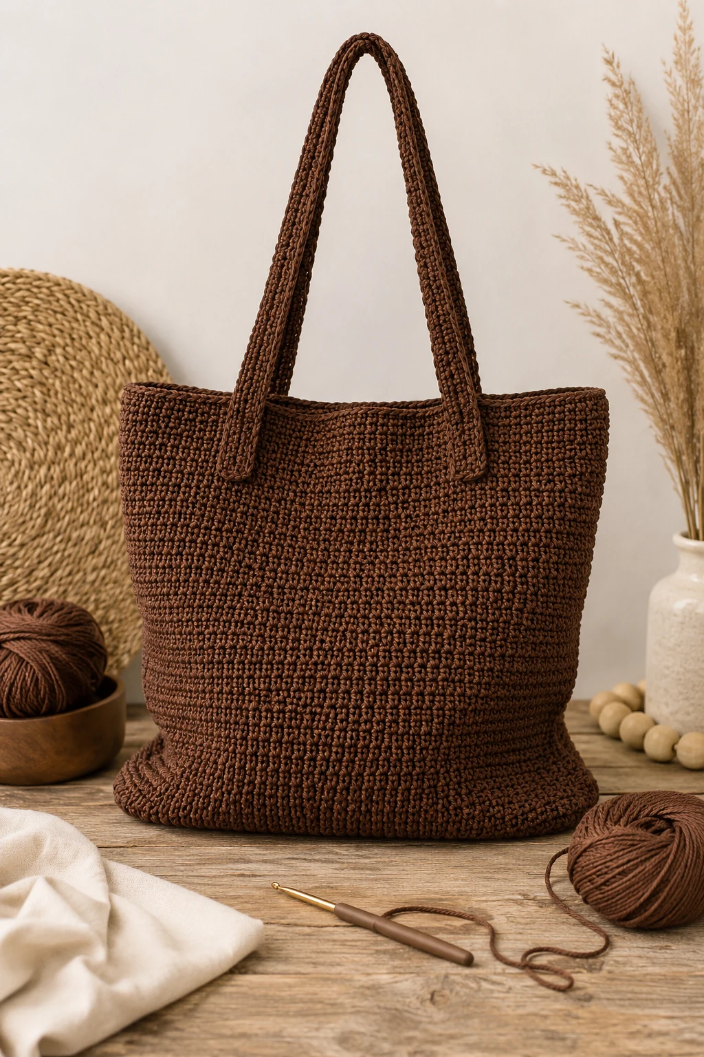 Minimalist Chocolate Brown Tote — crochet beach bag style outfit