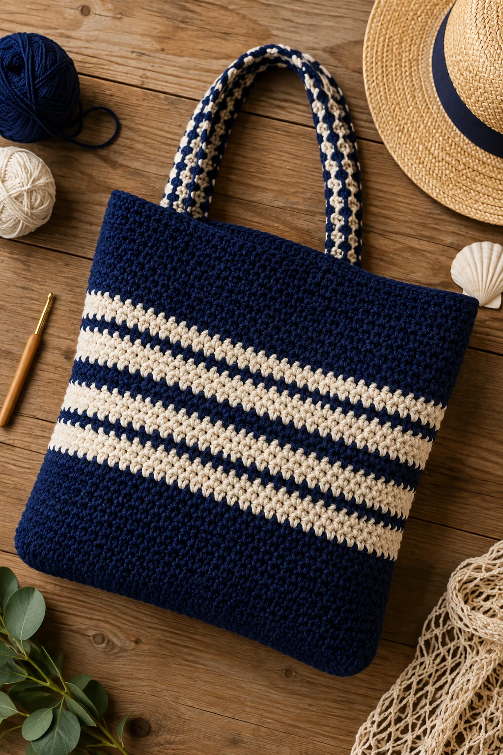 Nautical Navy and Cream Bag — crochet beach bag style outfit