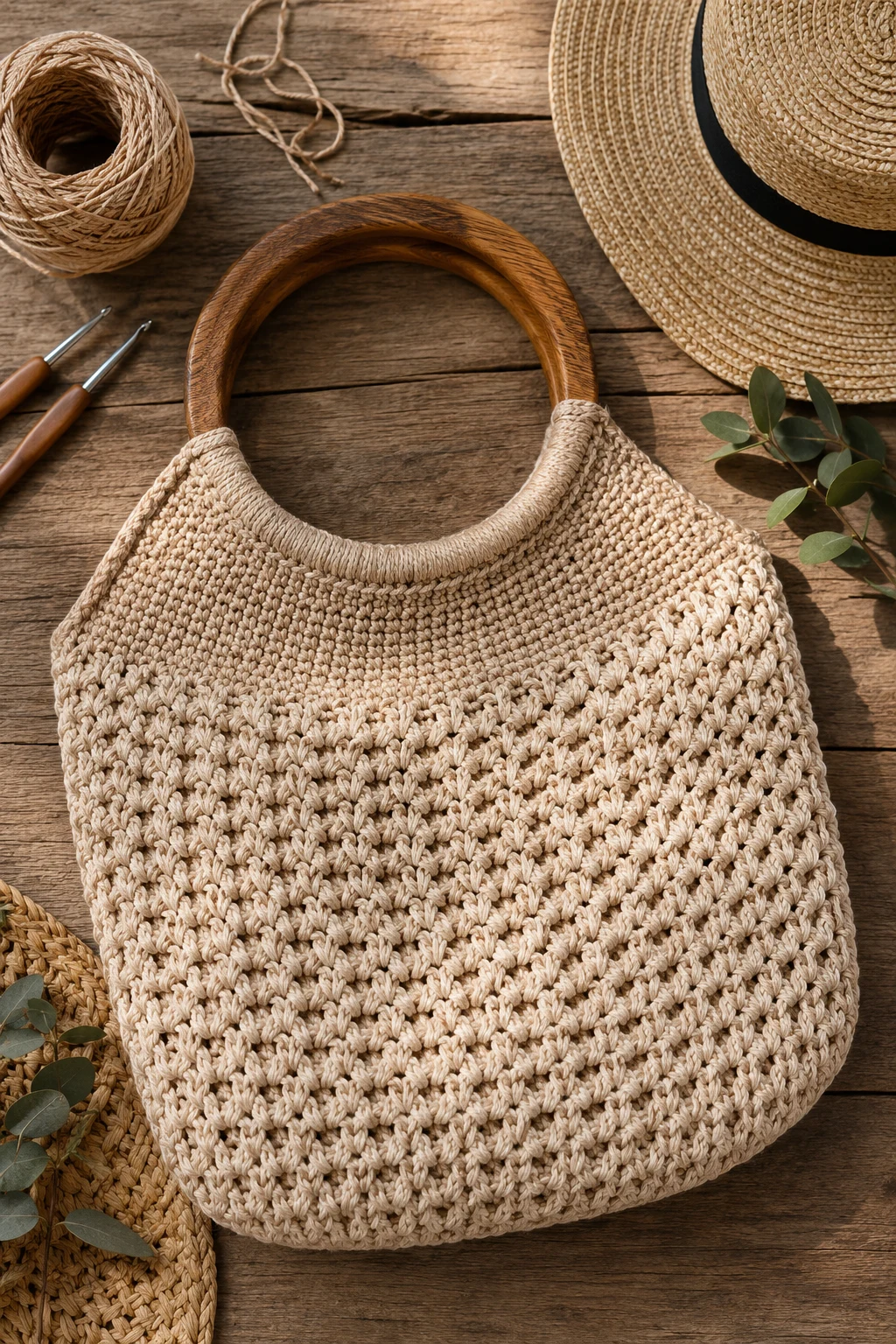 Crochet Beach Bag With Wooden Handles — crochet beach bag style outfit