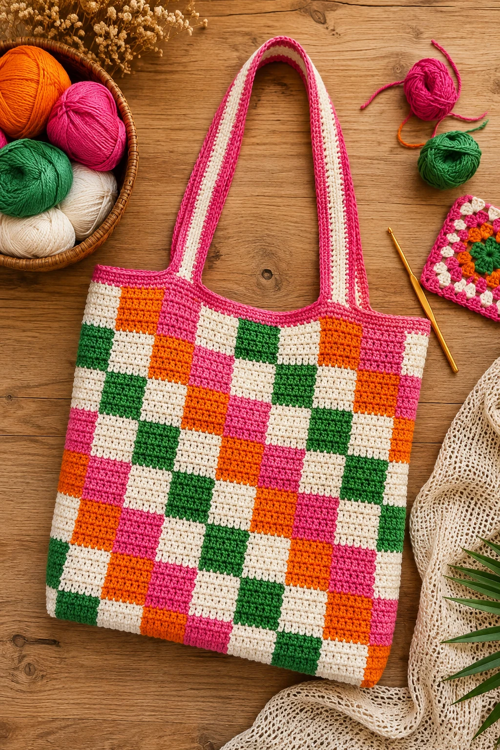 Colorful Checkerboard Tote — crochet beach bag style outfit