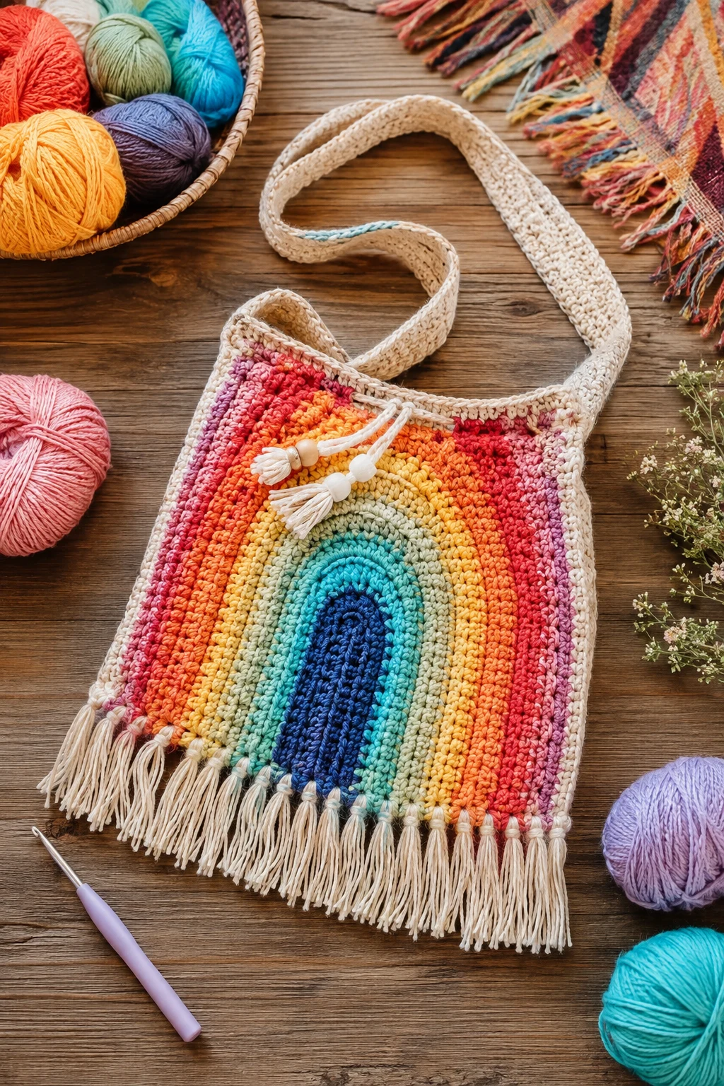 Festival Rainbow Crochet Bag — Crochet boho bag style outfit