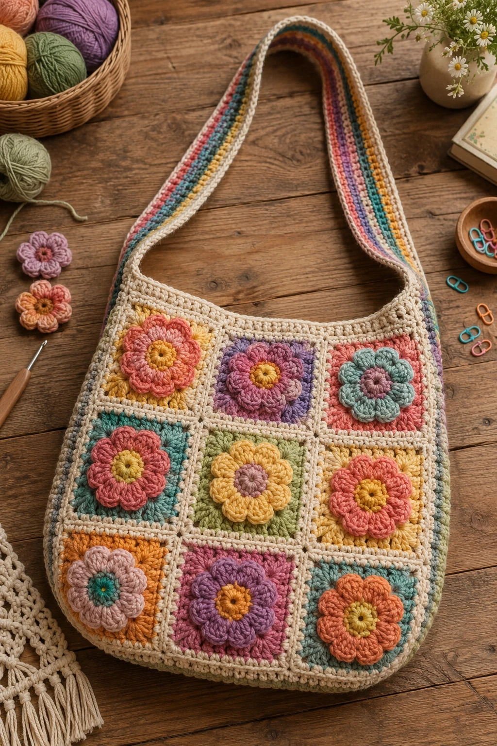Flower Power Shoulder Bag — Crochet boho bag style outfit