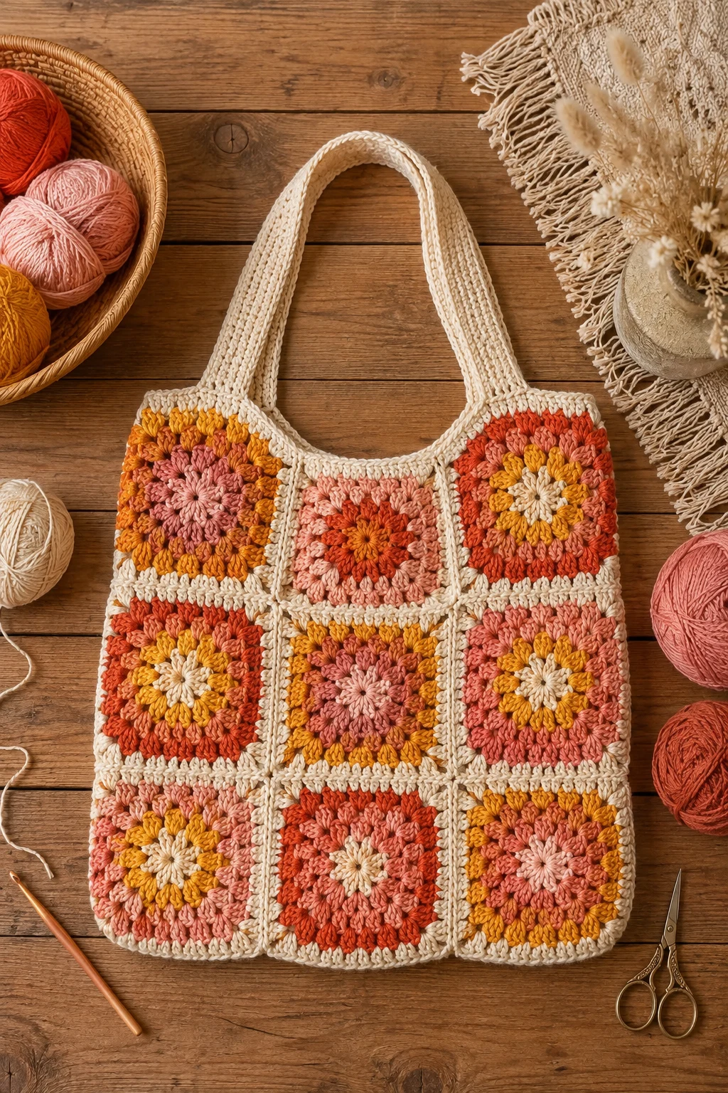 Sunset Granny-Square Tote — Crochet boho bag style outfit