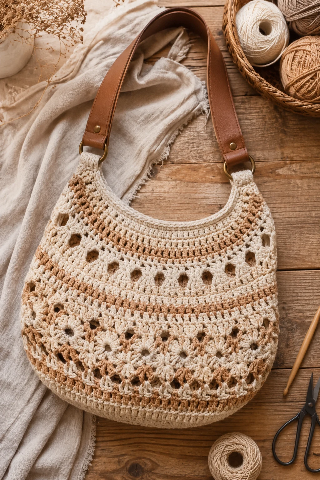 Crochet Boho Bag With Leather-Style Strap — Crochet boho bag style outfit