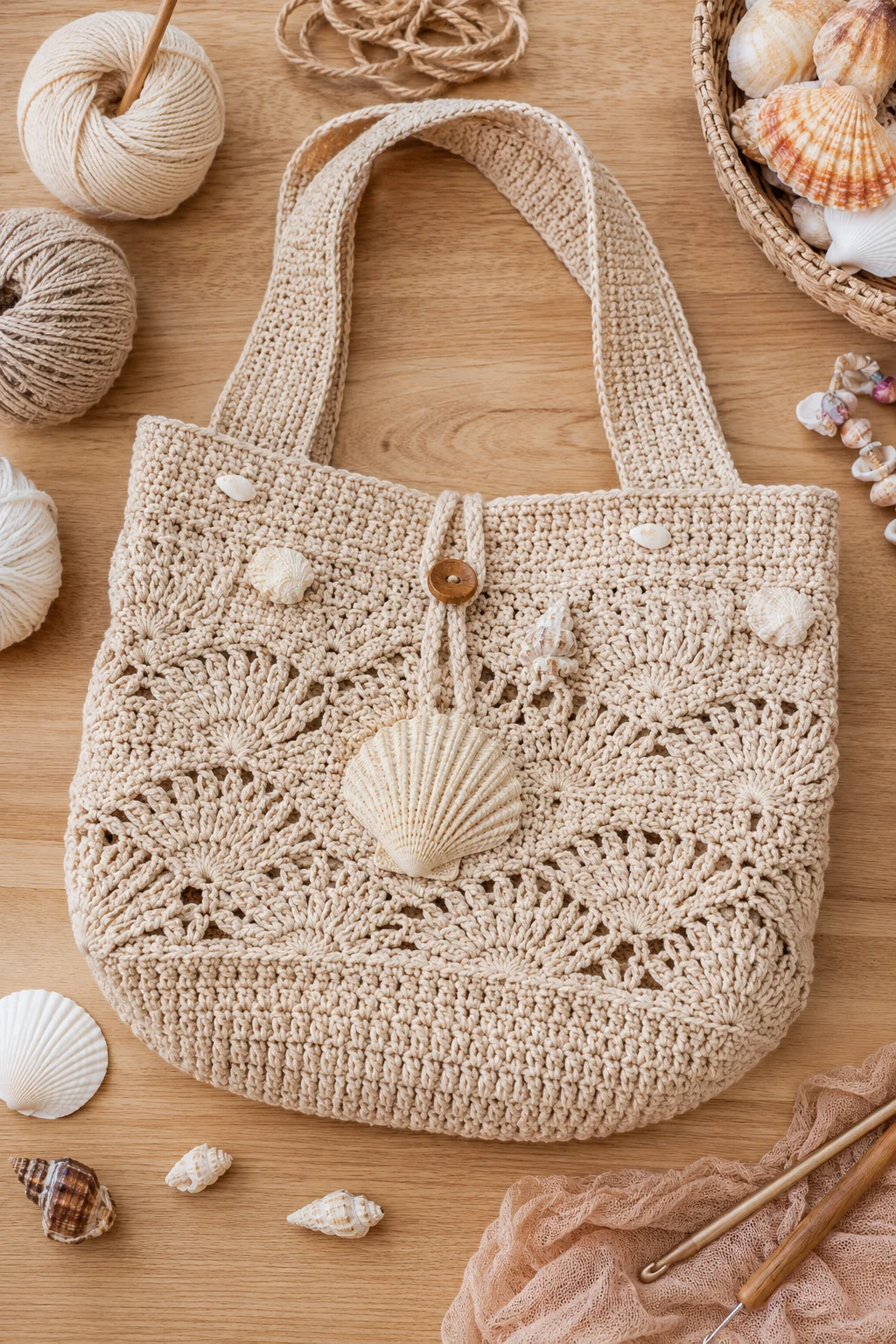 Coastal Shell Crochet Bag — Crochet boho bag style outfit