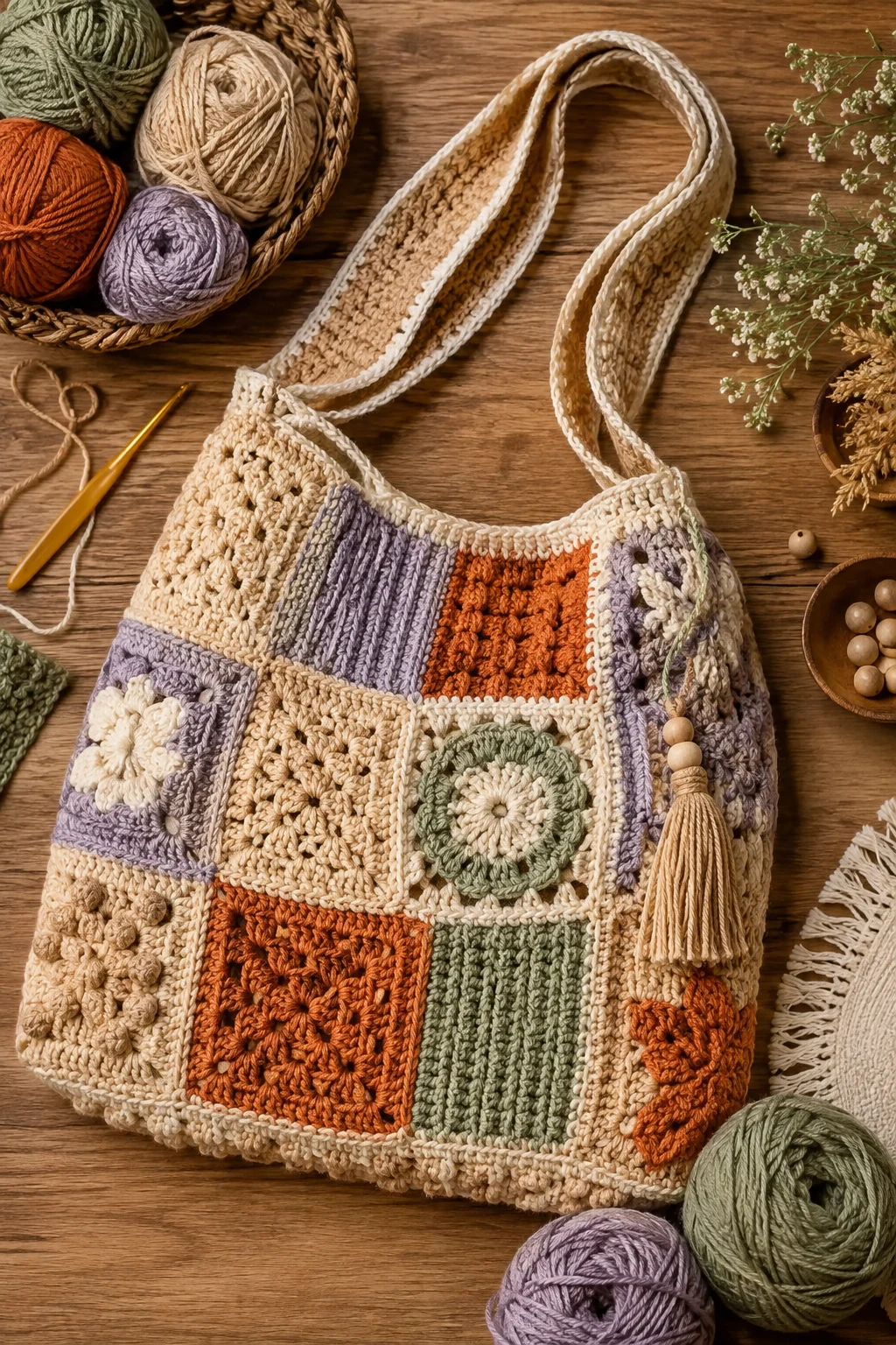 Patchwork Crochet Boho Bag — Crochet boho bag style outfit