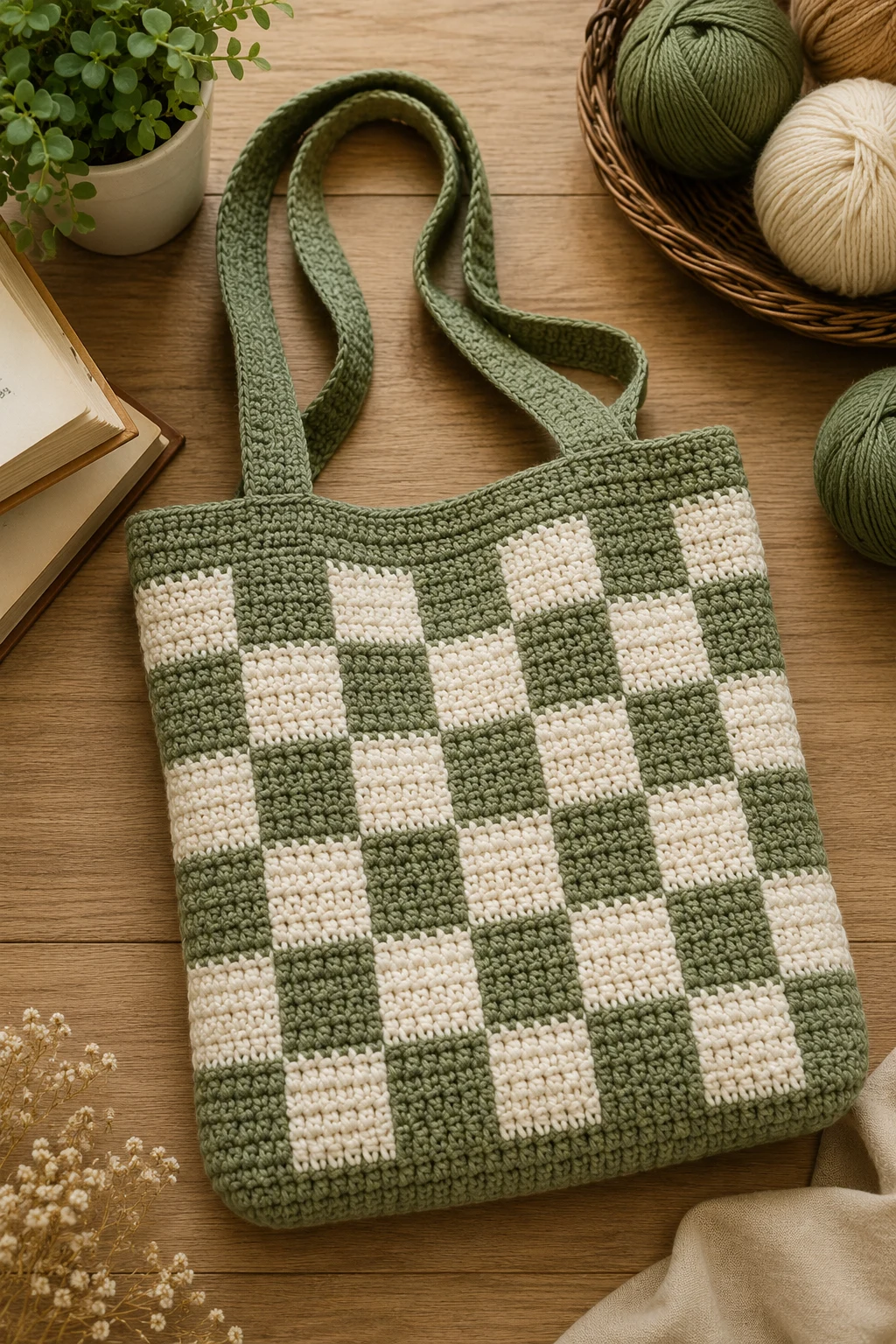 Crochet Book Bag With a Checkerboard Pattern — crochet book bag style outfit