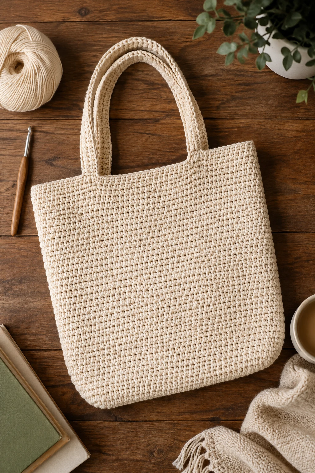 Minimalist Cream Book Tote — crochet book bag style outfit