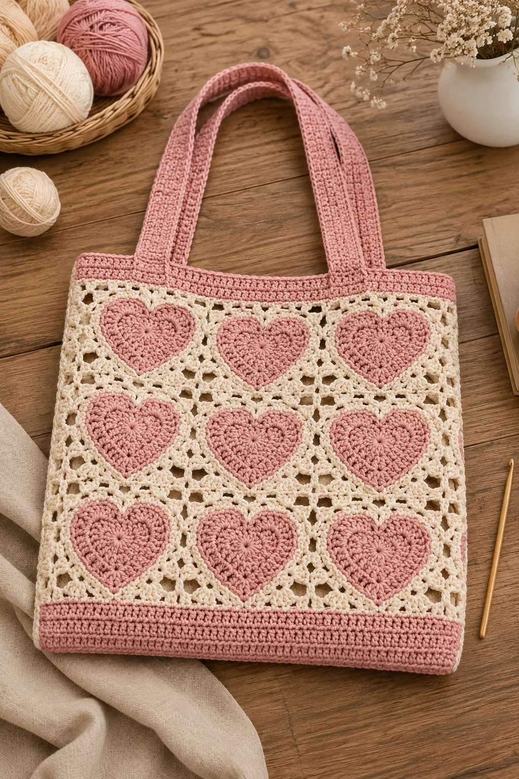 Heart Motif Crochet Book Bag — crochet book bag style outfit