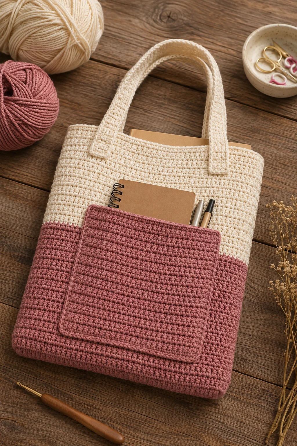 Crochet Book Bag With an Outside Pocket — crochet book bag style outfit