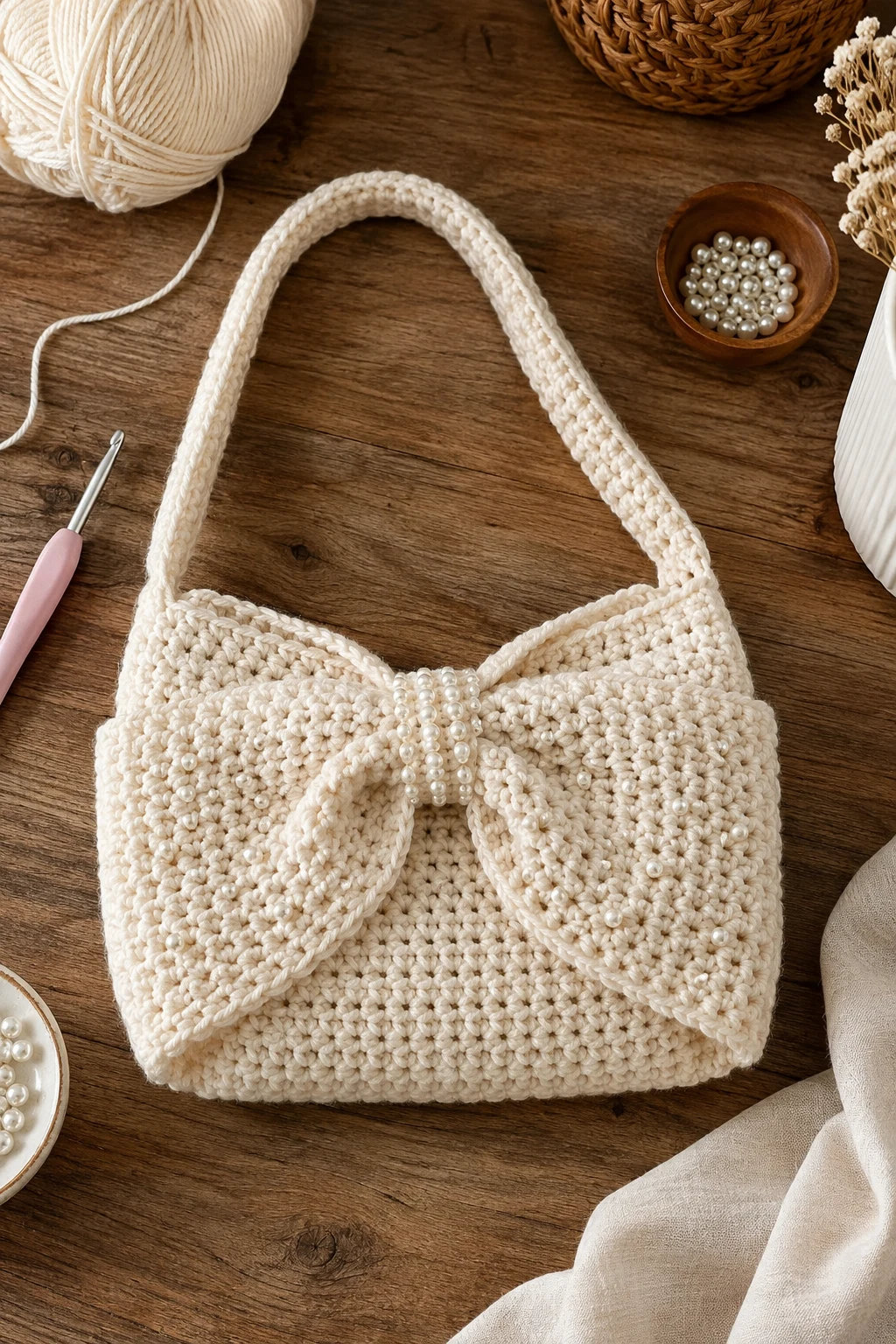 Crochet Bow Bag With Beaded Detail — crochet bow bag style outfit