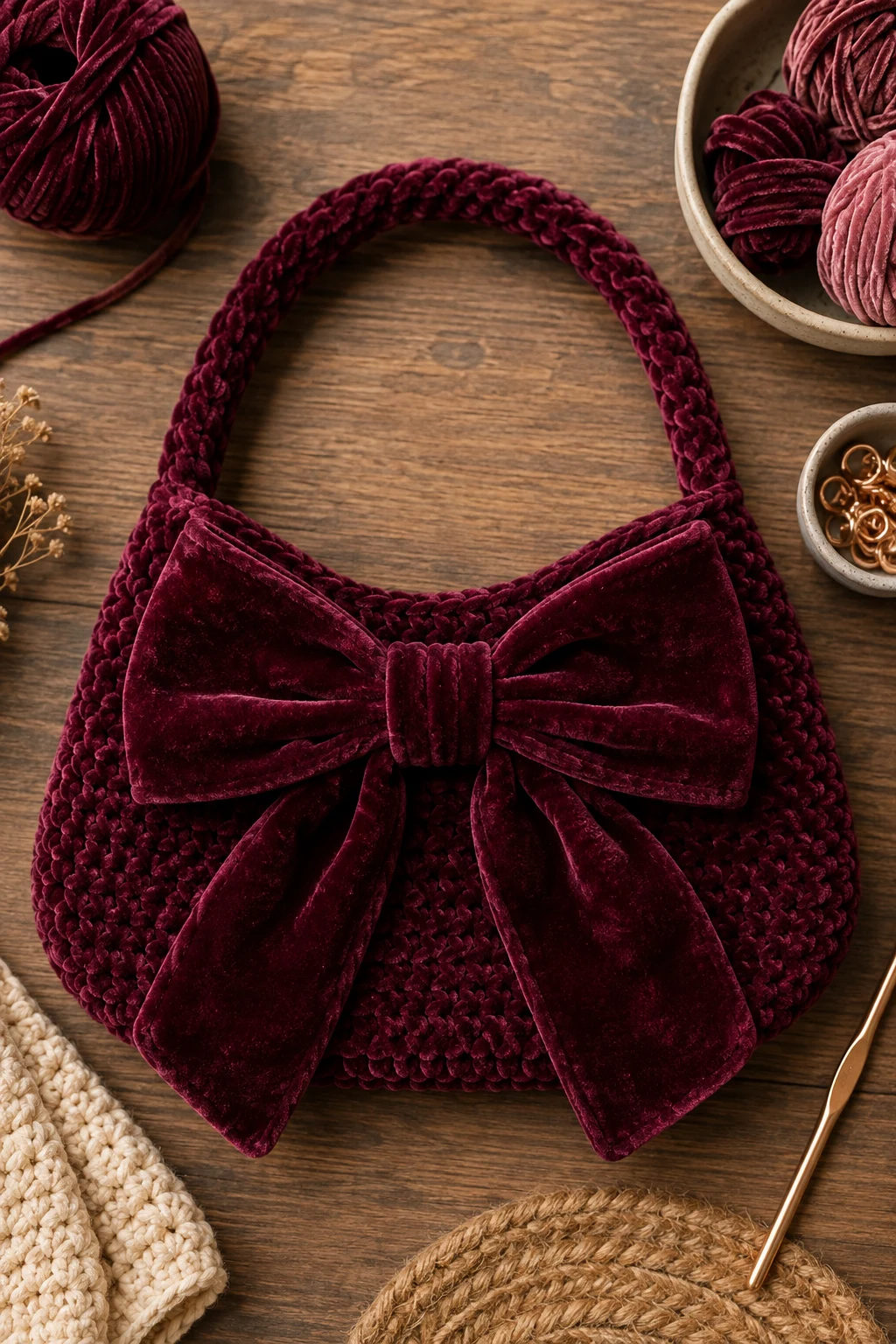 Luxe Velvet Bow Crochet Bag — crochet bow bag style outfit