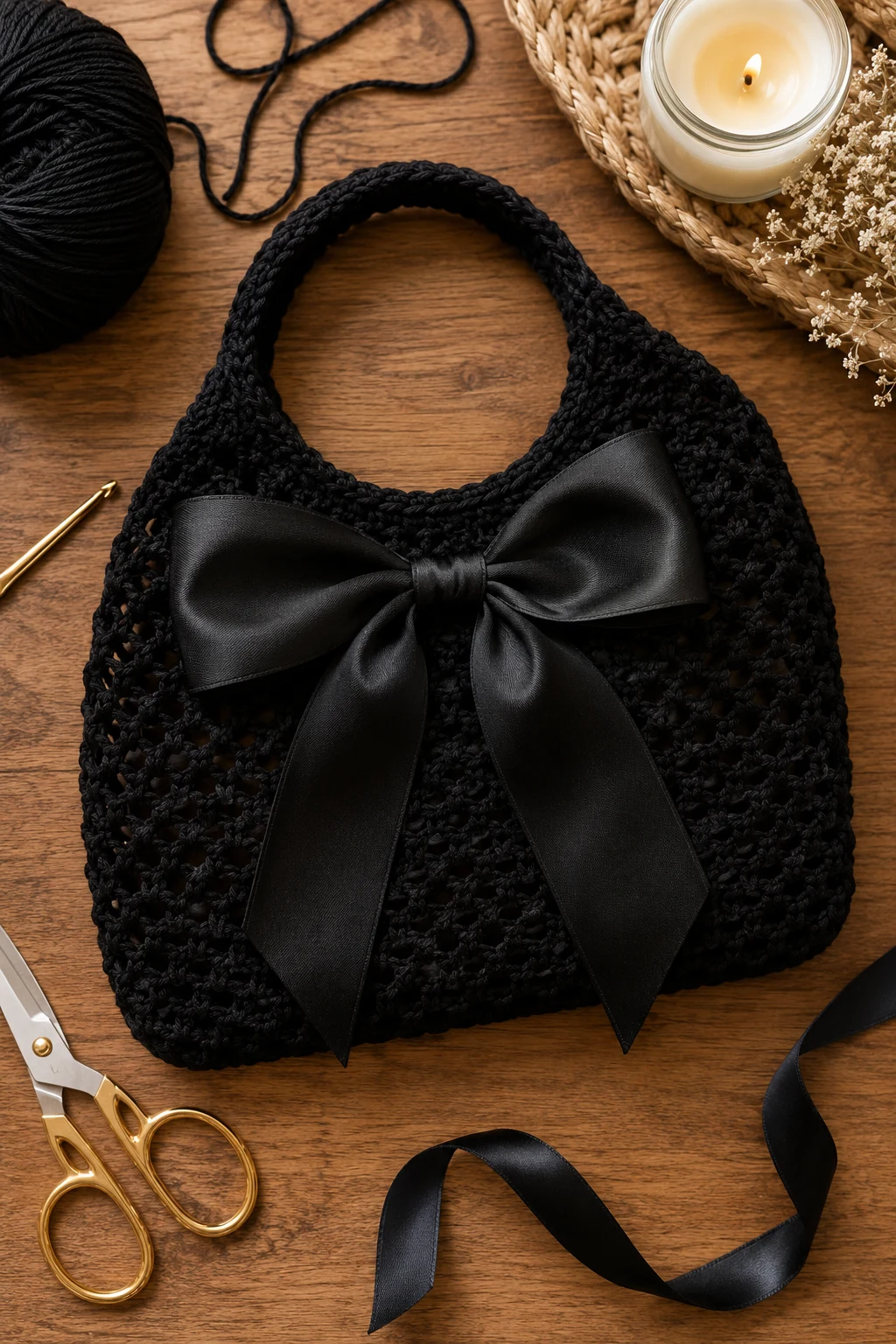 Classic Black Satin Bow Bag — crochet bow bag style outfit