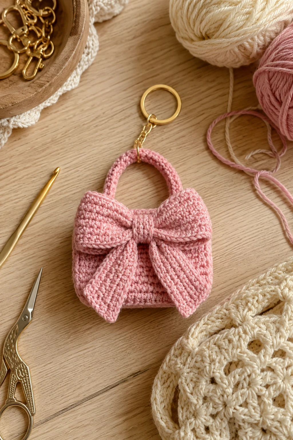 Mini Crochet Bow Bag Charm — crochet bow bag style outfit