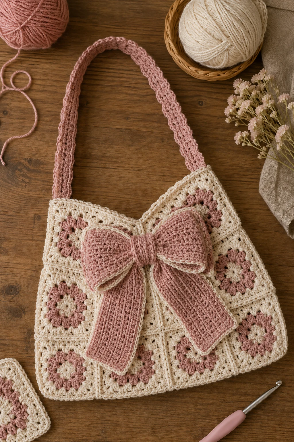 Granny Square Bow Bag — crochet bow bag style outfit