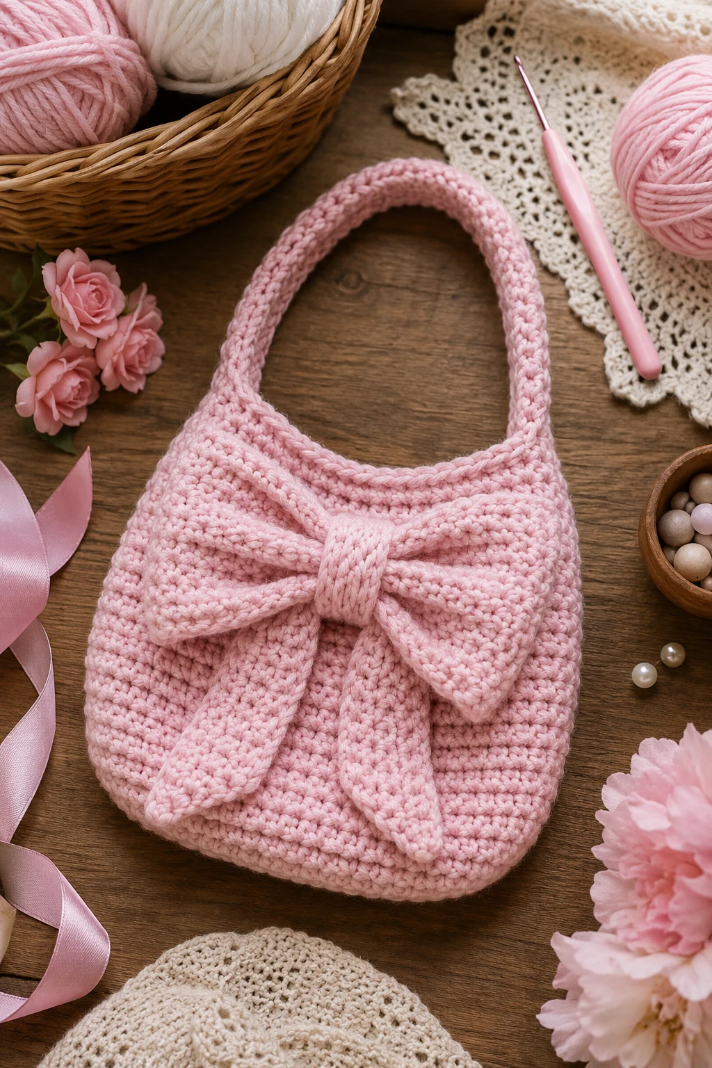 Coquette-Style Pink Bow Bag — crochet bow bag style outfit