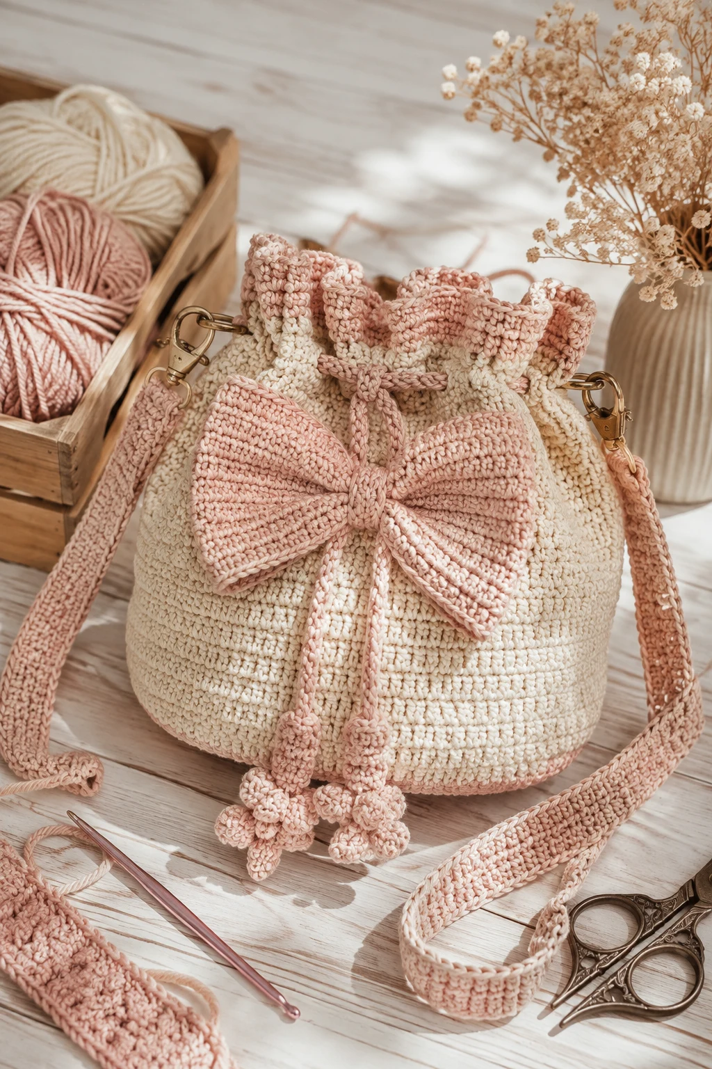Drawstring Bow Bucket Bag — crochet bow bag style outfit