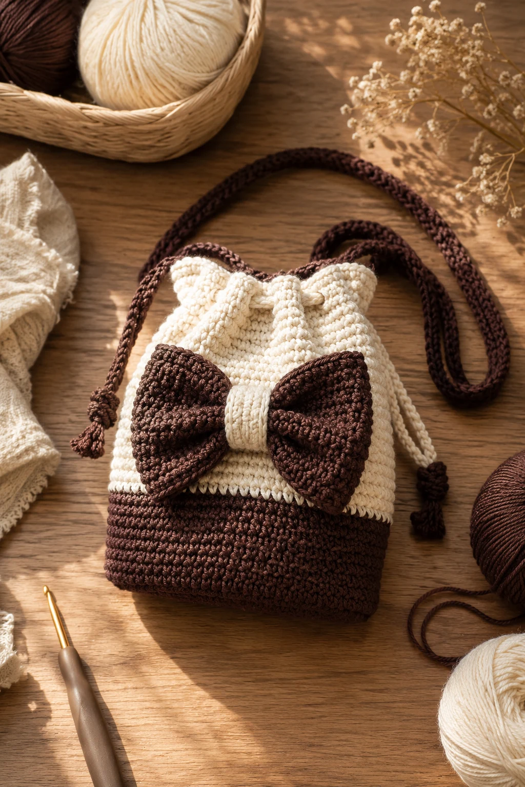 Two-Tone Chocolate and Cream Bag — crochet bow bag style outfit