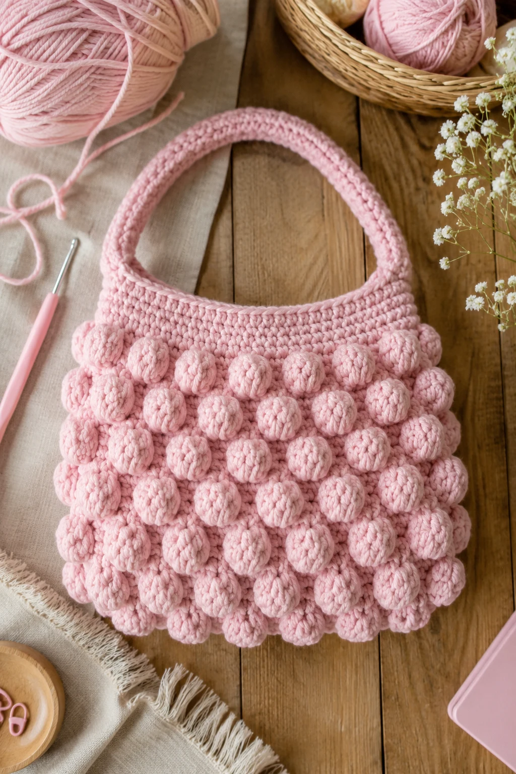 Blush Pink Crochet Bubble Bag — crochet bubble bag style outfit