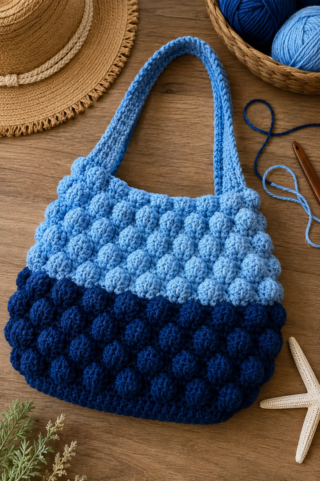Two-Tone Blue Beach Bubble Bag — crochet bubble bag style outfit