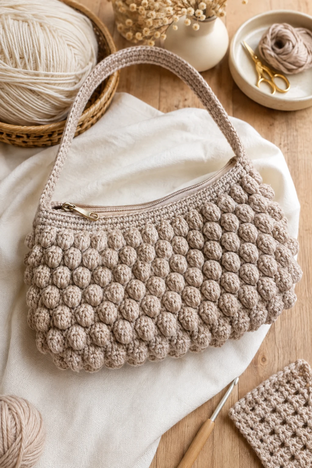 Neutral Crochet Bubble Bag With a Zipper — crochet bubble bag style outfit