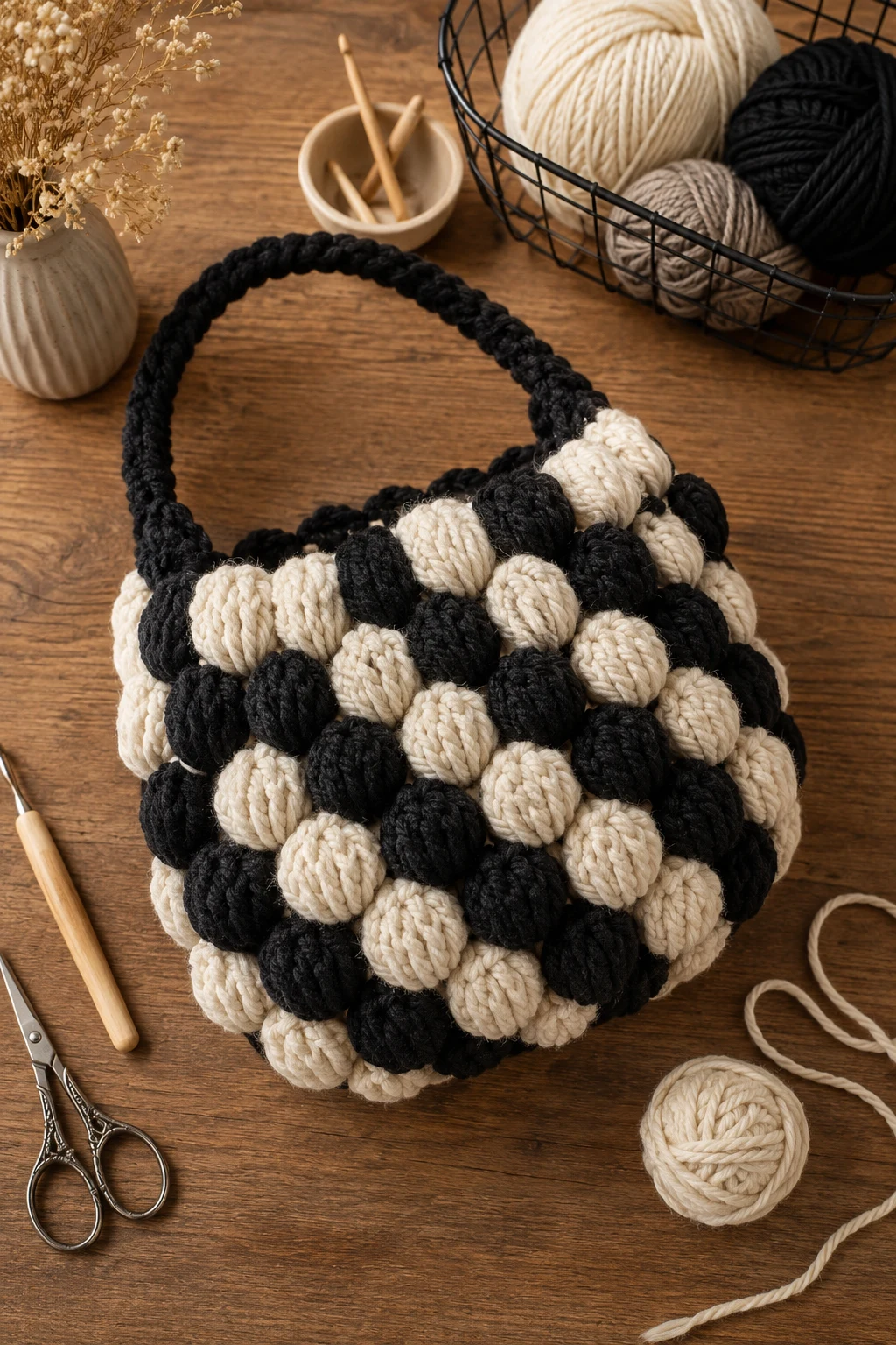 Black-and-Cream Crochet Bobble Bag — crochet bubble bag style outfit
