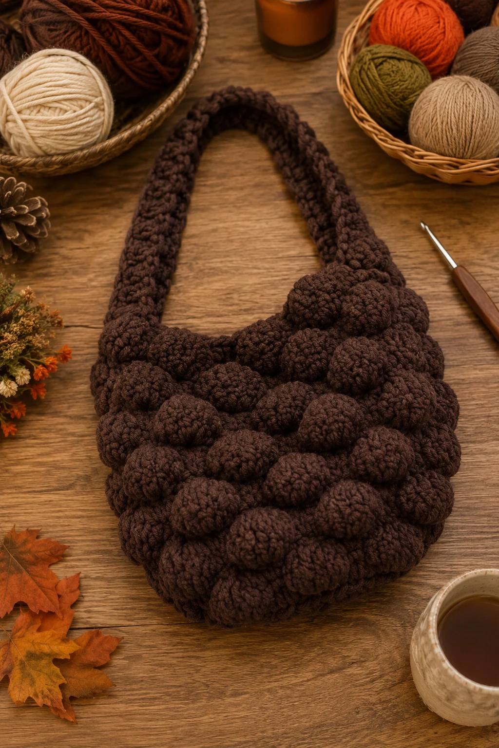 Chocolate Brown Autumn Bubble Bag — crochet bubble bag style outfit